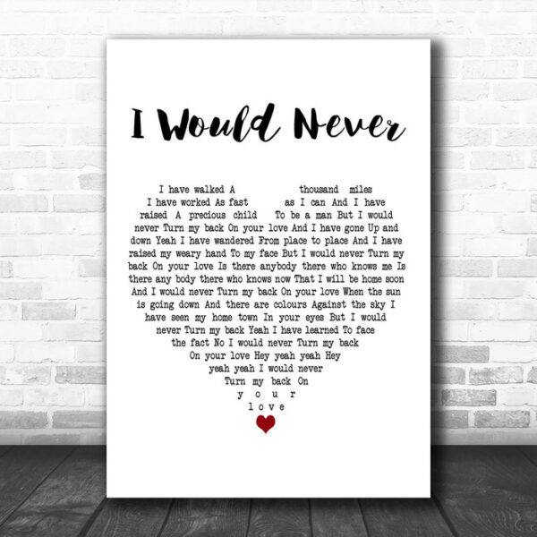 The Blue Nile I Would Never White Heart Decorative Wall Art Gift Song Lyric Print - Ecom Groot