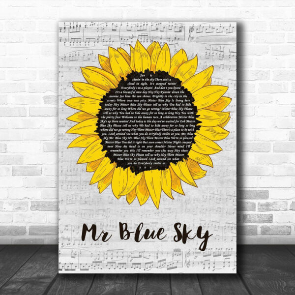 Elo Mr Blue Sky Grey Script Sunflower Song Lyric Art Print - Ecom Groot