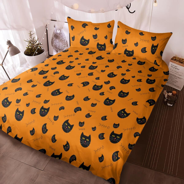 The Black Cat With Yellow Eyes And The Fish Skull On The Orange Bedding Set