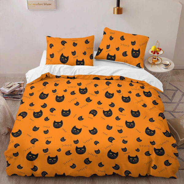 The Black Cat With Yellow Eyes And The Fish Skull On The Orange Bedding Set