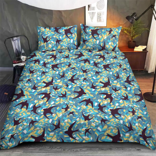 Swallows Silhouettes On A Background Of Abstract Colored Feathers Bedding Set