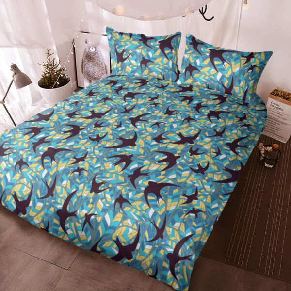 Swallows Silhouettes On A Background Of Abstract Colored Feathers Bedding Set