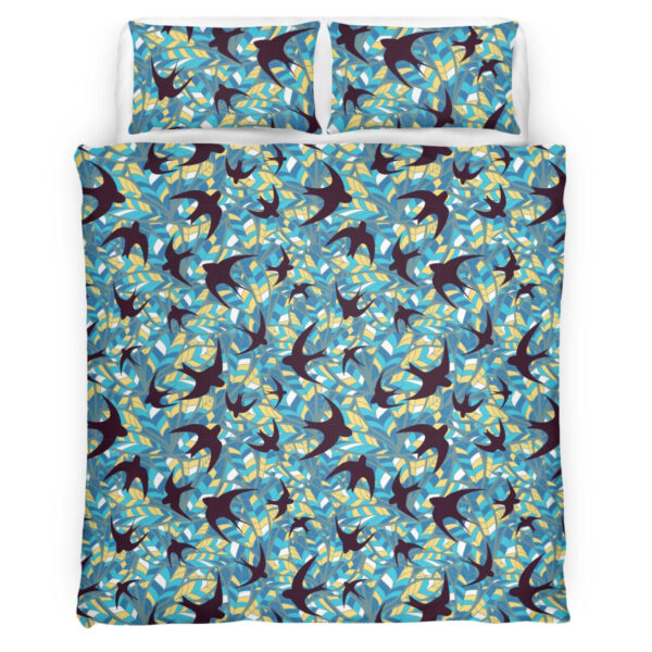 Swallows Silhouettes On A Background Of Abstract Colored Feathers Bedding Set