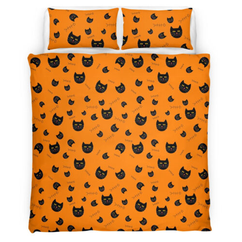 The Black Cat With Yellow Eyes And The Fish Skull On The Orange Bedding Set